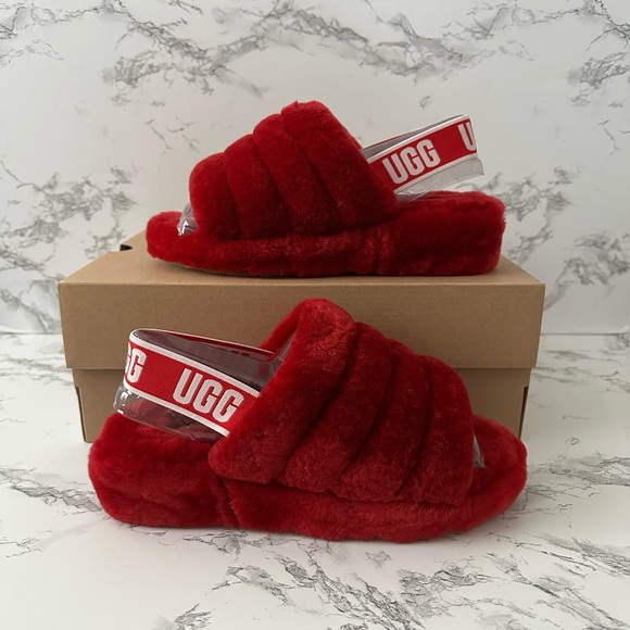 UGG Shoes - UGG Fluff Yeah Red Slingback Slippers Slides